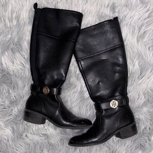 Tommy Hilfiger Black Leather Knee-High Boots with Gold Logo